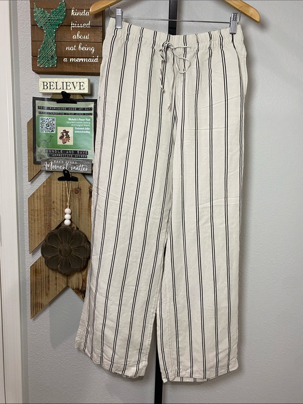 H&M Cream Wide-Leg Drawstring Stripe Pants linen blend w14-15 r13 inseam 28